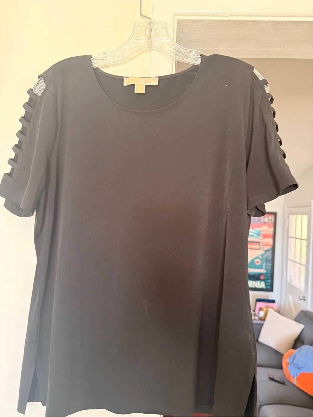 Michael Kors Black Short Sleeve Tee with Ladder Cutout Shoulders